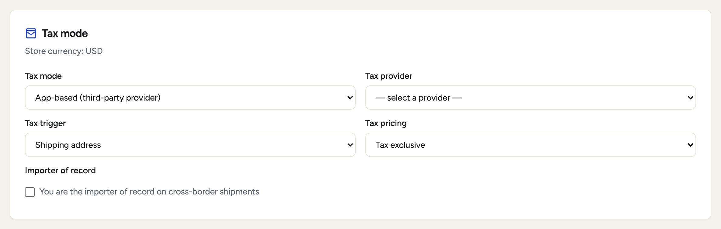 App → Tax → Setup with tax mode set to App-based