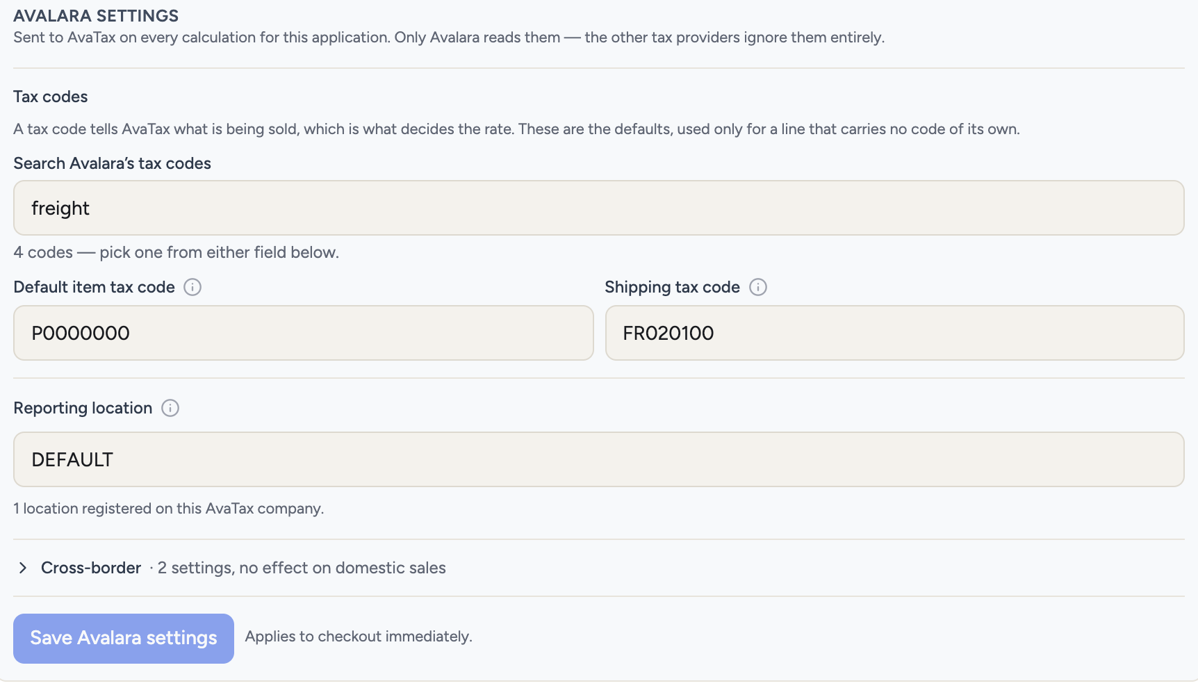 The Avalara settings card on the Tax providers page, searching AvaTax tax codes live
